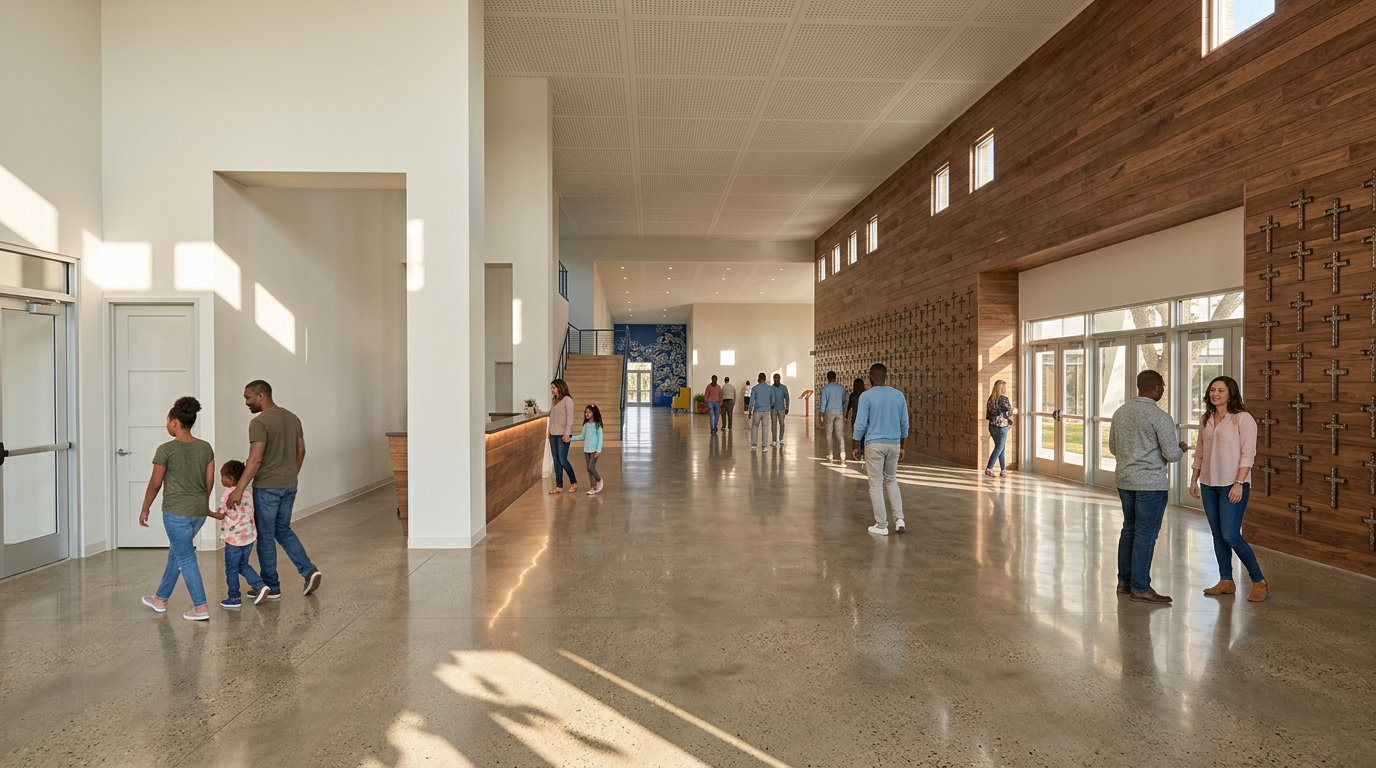 Conceptual rendering of the welcome center and gathering lobby